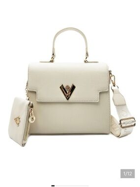 Valentino Cream Structured Top-Handle Satchel/Cross Body with Gold V Accent